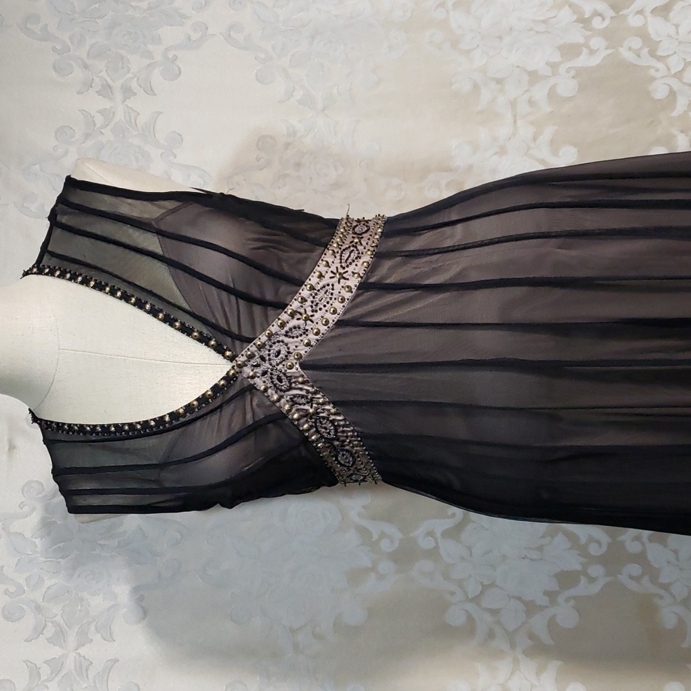 Mixit Tan & Black Sheer Cocktail Dress with Metallic Embellishments